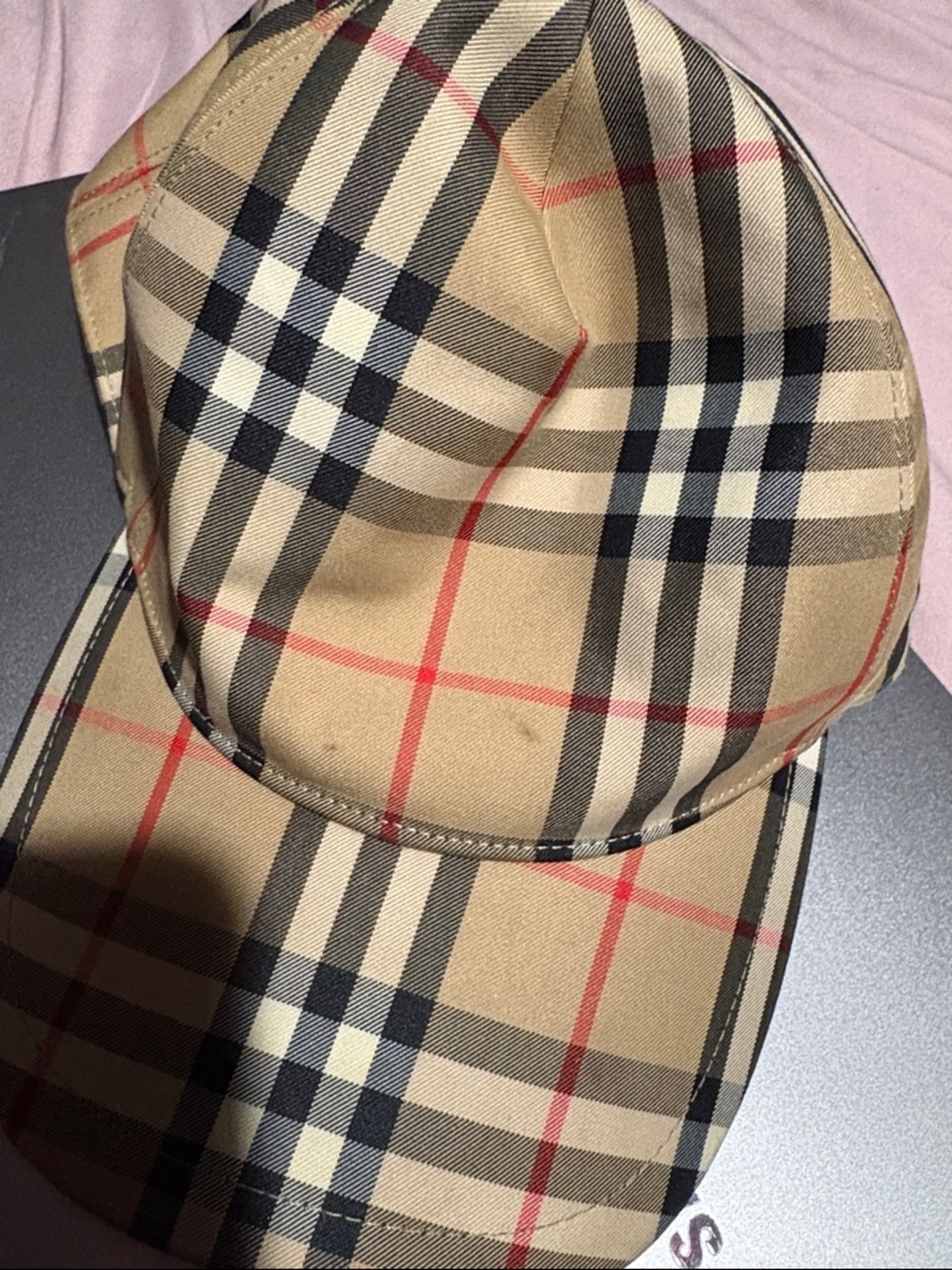 Burberry Beige Plaid Baseball Cap with Black and Red Accents